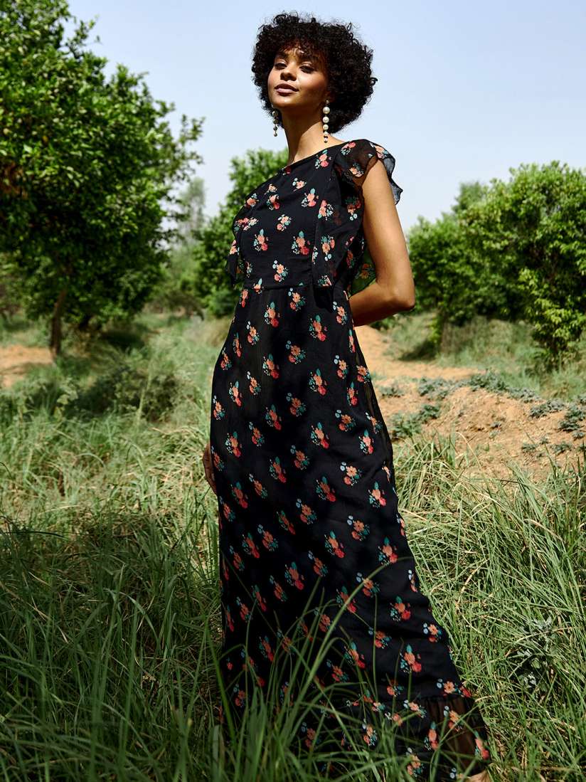 Black floral casual dress discount