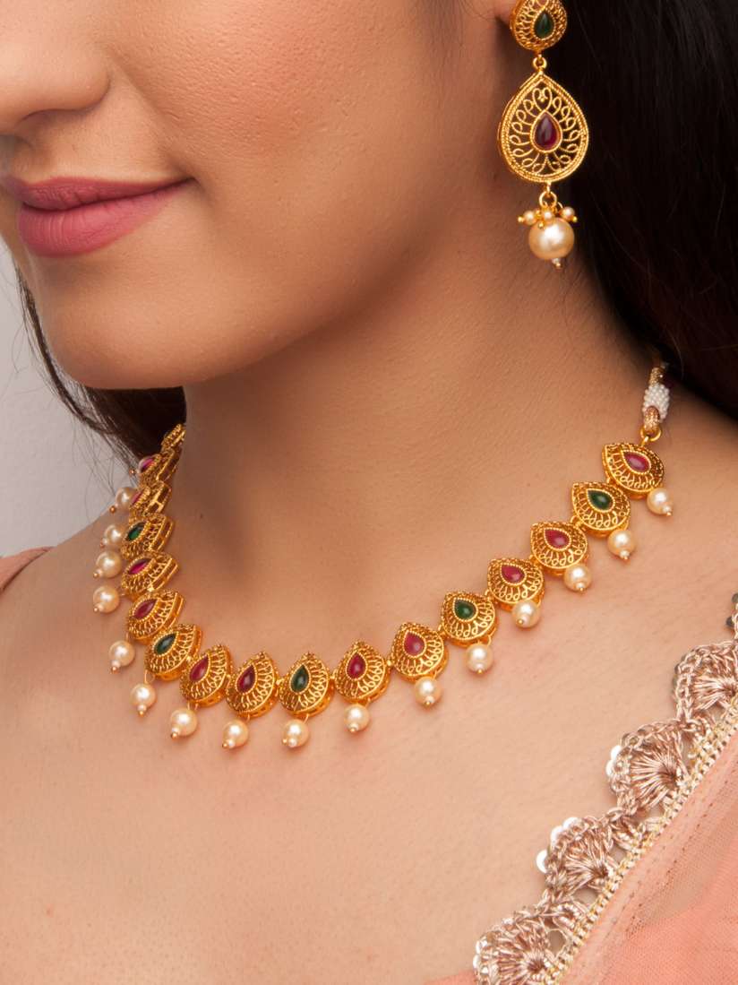 Buy Rubans Gold Plated Stone Studded Choker Necklace Set Jewellery Set for Women 7426562 Myntra