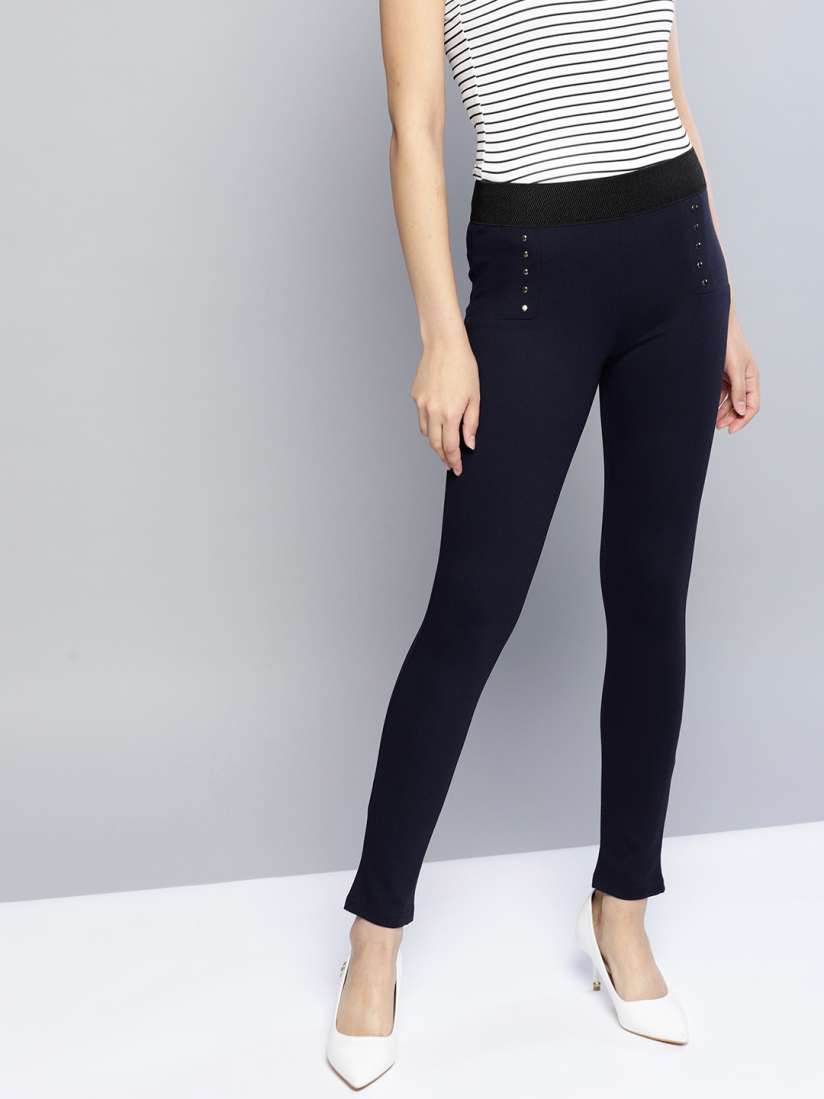 Buy Harpa Women Navy Blue Solid Treggings Jeggings for Women 7431226 Myntra