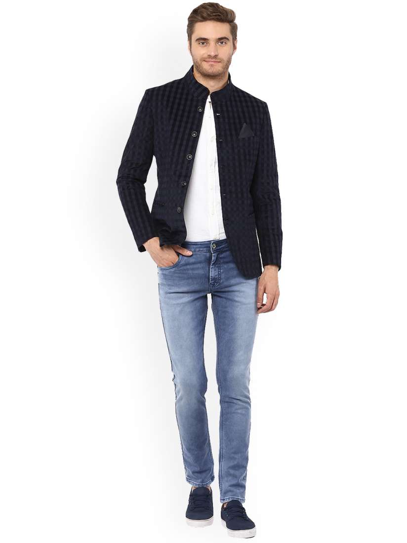 Buy Mufti Men Navy Blue Black Checked Slim Fit Single Breasted Casual Blazer Blazers for Men 7433793 Myntra