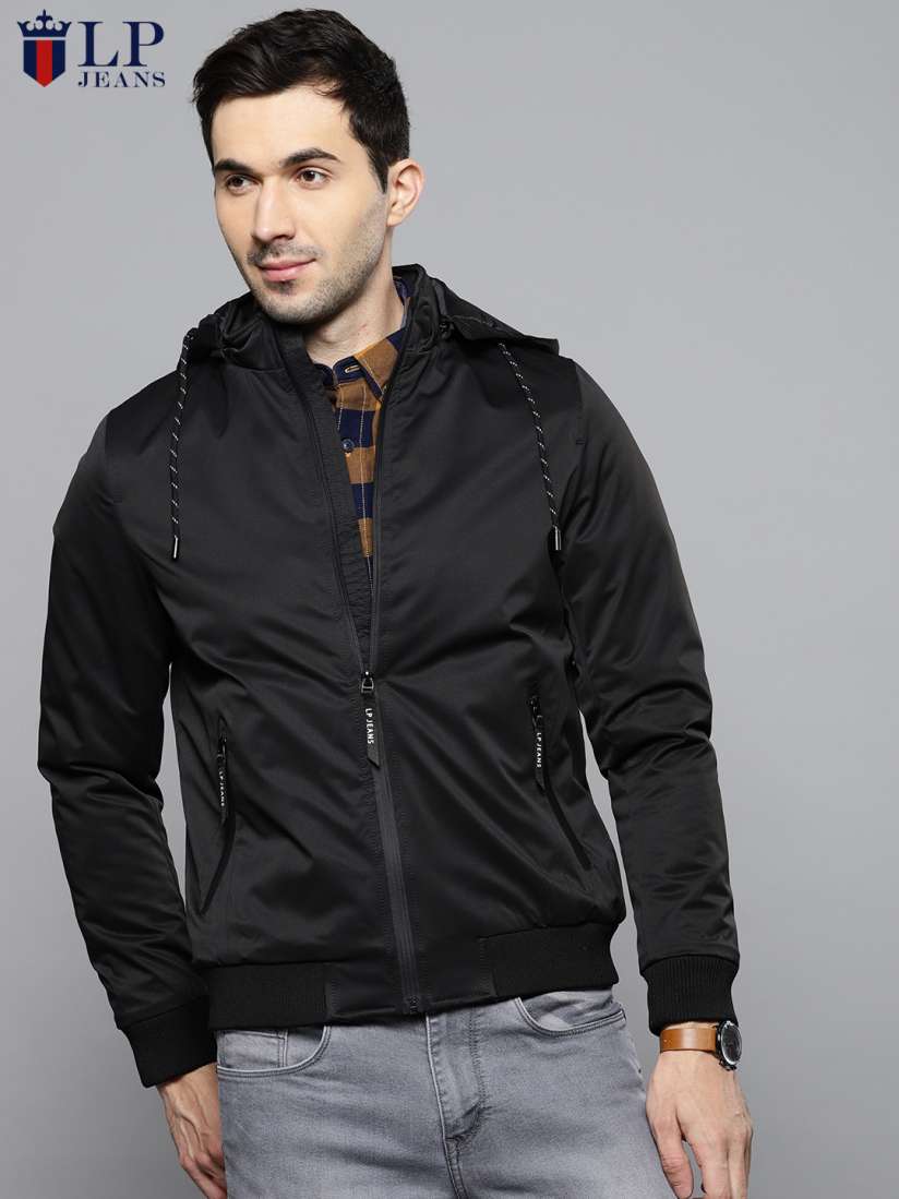 Buy Louis Philippe Jeans Men Black Solid Hooded Bomber Jacket Jackets for Men 7441269 Myntra