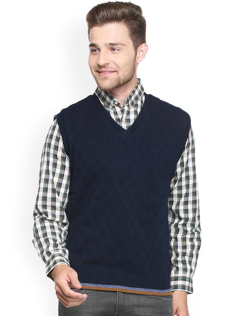 Buy Peter England Men Blue Self Design Reversible Sweater Vest Sweaters for Men 7446450 Myntra