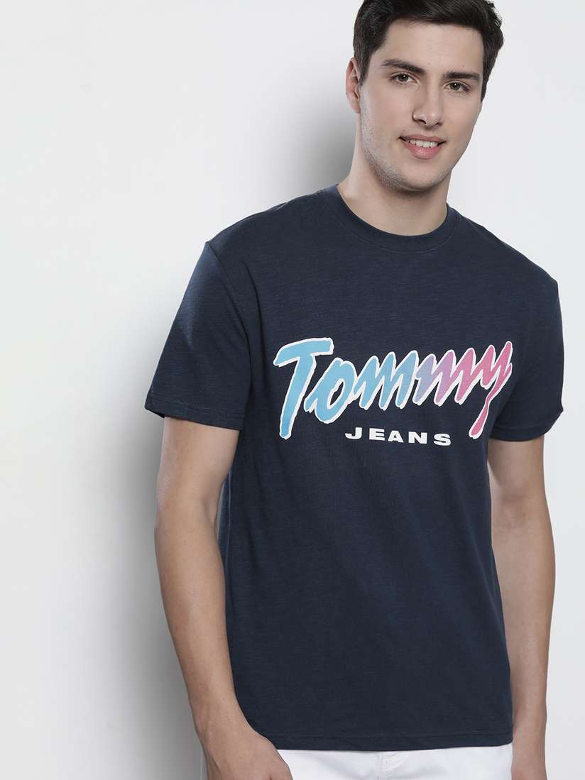 Tommy Hilfiger Men Navy Blue Brand Logo Print Round Neck T-shirt