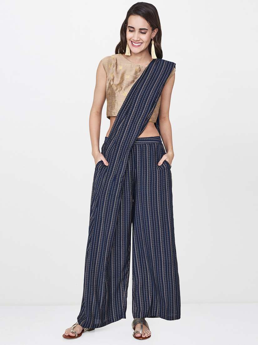 Buy Global Desi Navy Blue Gold Toned Viscose Rayon Printed Palazzo Saree Sarees for Women 7489252 Myntra
