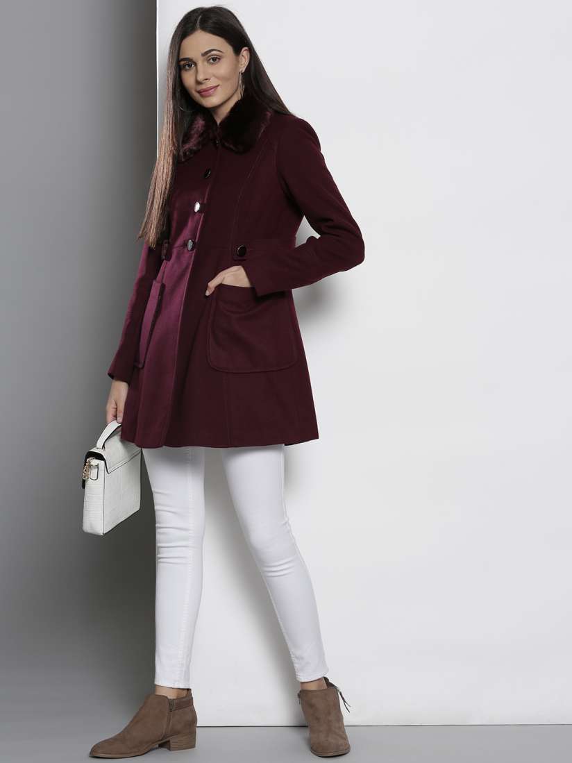 Buy DOROTHY PERKINS Women Burgundy Solid Single Breasted Hip Length Overcoat Coats for Women 7511559 Myntra