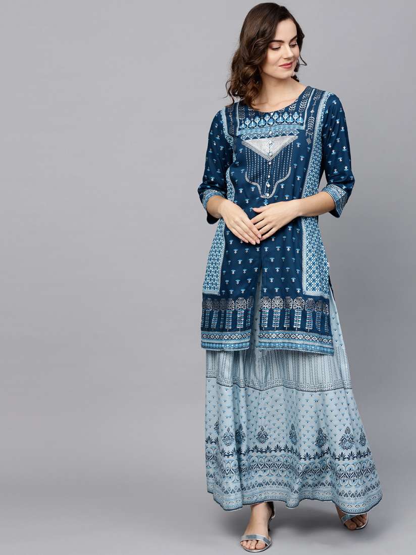 Buy Shree Women Blue Silver Printed Kurti with Skirt Kurta Sets for Women 7538175 Myntra