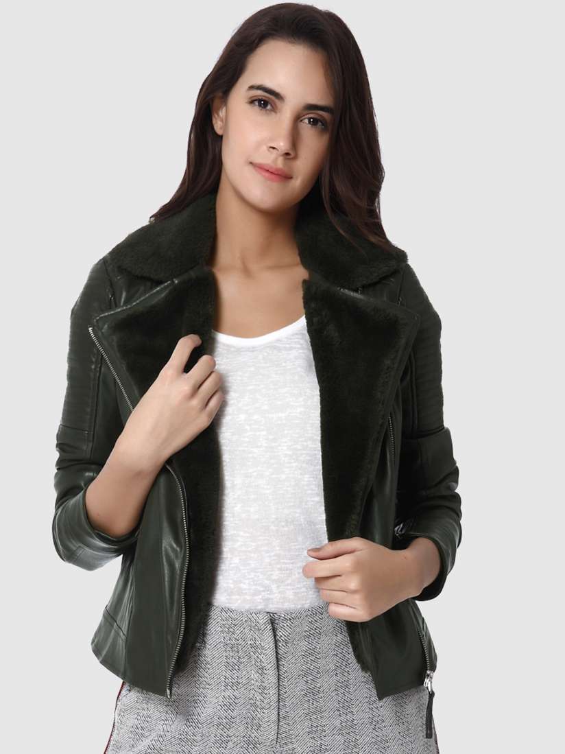 Buy Vero Moda Women Olive Green Solid Biker Jacket Jackets for Women 7541989 Myntra