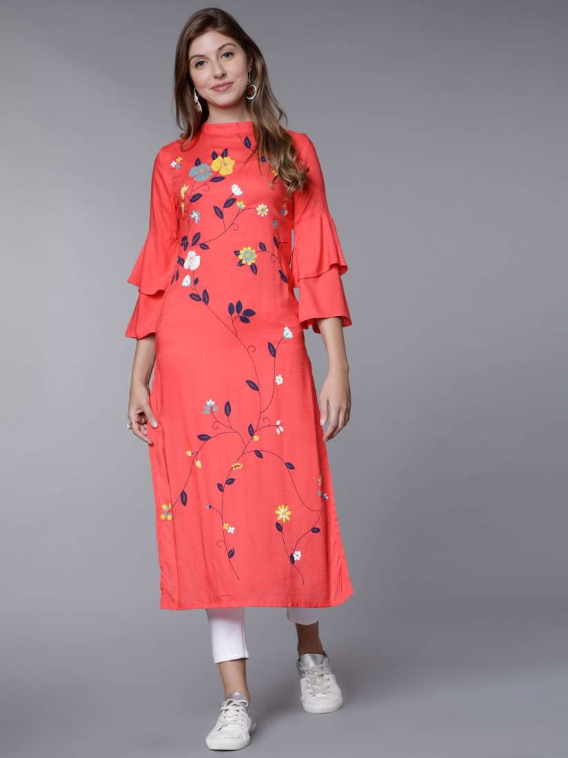 Buy Vishudh Women Coral Floral Print Straight Kurta Kurtas for Women 7556590 Myntra