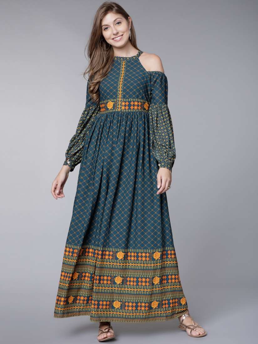 Vishudh navy blue printed maxi dress 2025