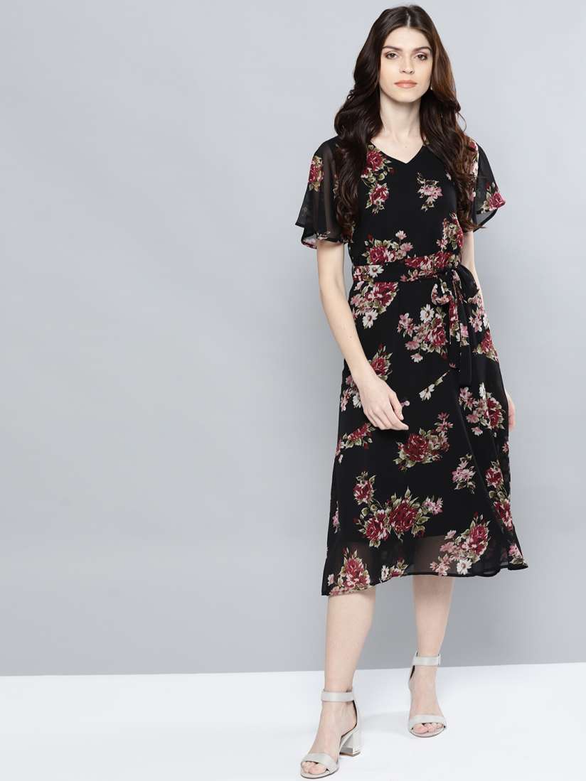 Buy Harpa Black Burgundy Floral Printed Midi Fit Flare Dress Dresses for Women 7578936 Myntra