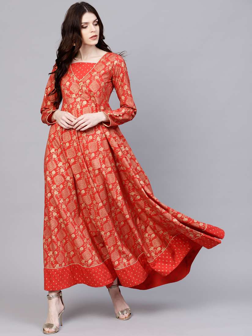 Buy AKS Women Rust Red Golden Printed Maxi Dress Ethnic Dresses for Women 7584990 Myntra