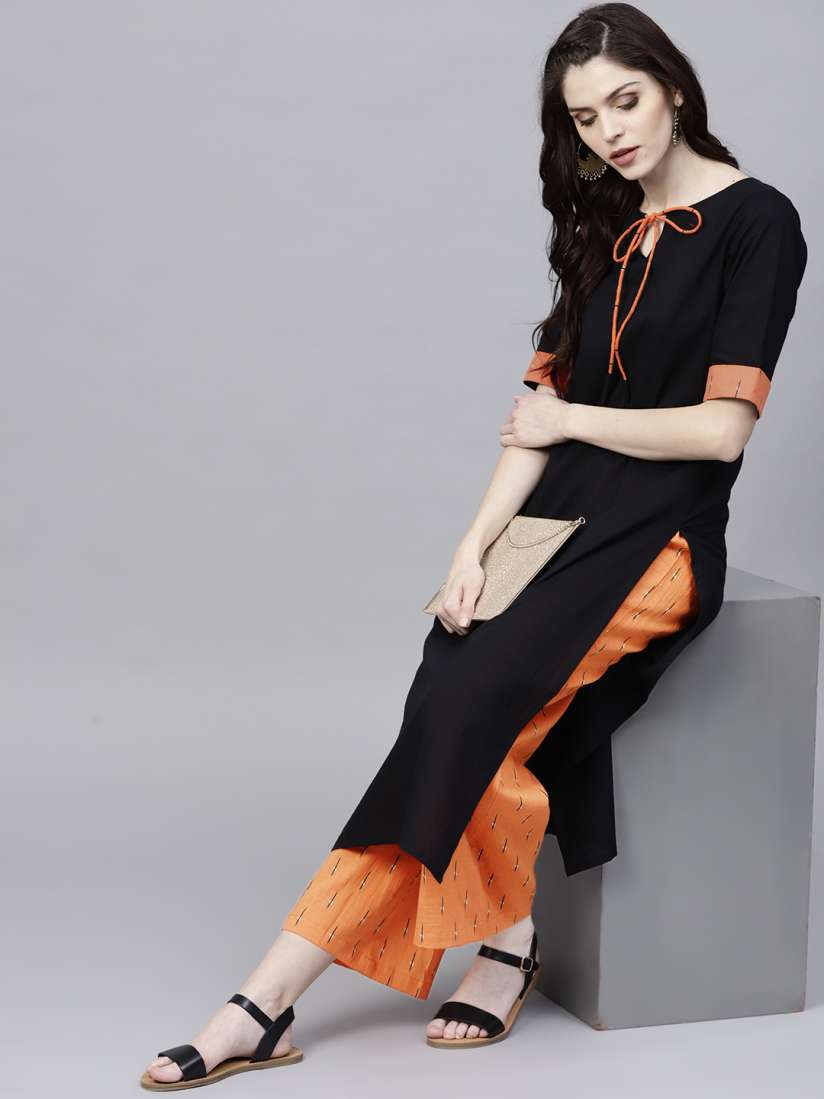 Buy AKS Women Black Orange Solid Kurta with Palazzos Kurta Sets for Women 7585006 Myntra