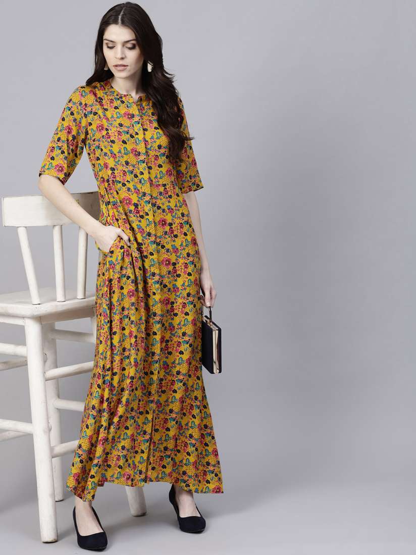 Aks mustard yellow printed maxi dress clearance