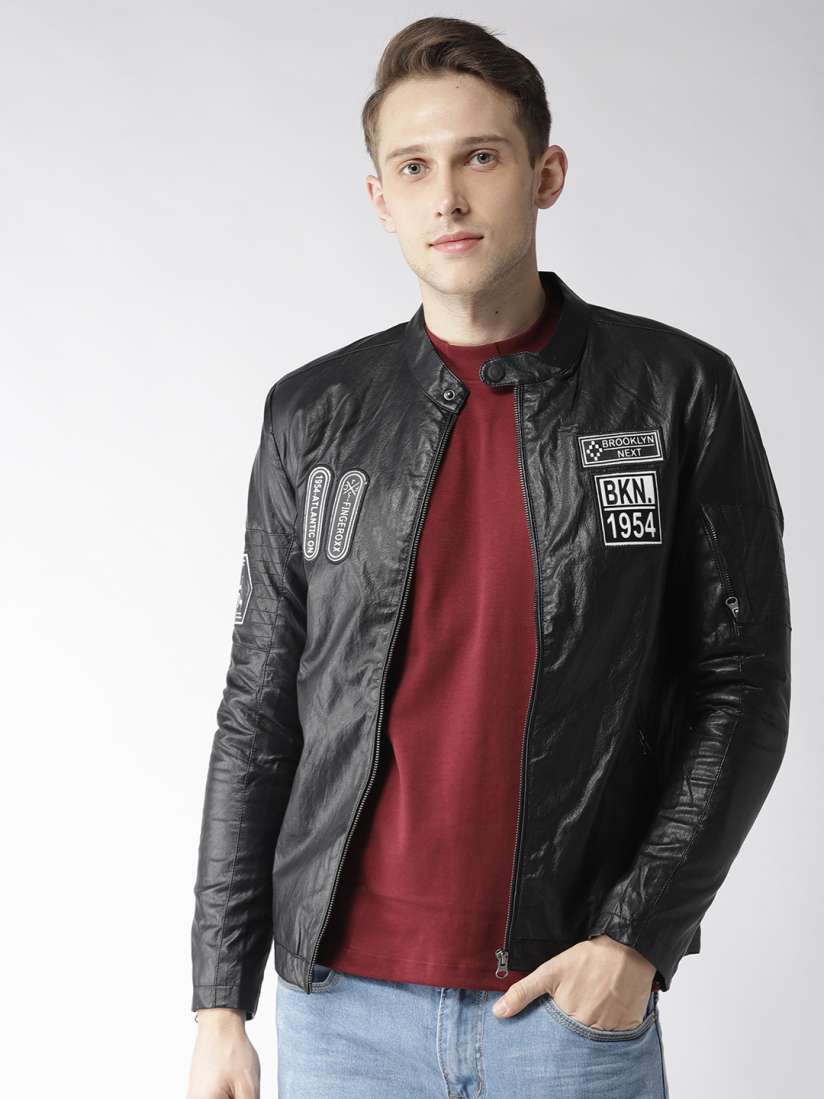 Buy Fort Collins Men Black Solid Biker Jacket with Applique Detail Jackets for Men 7586510 Myntra