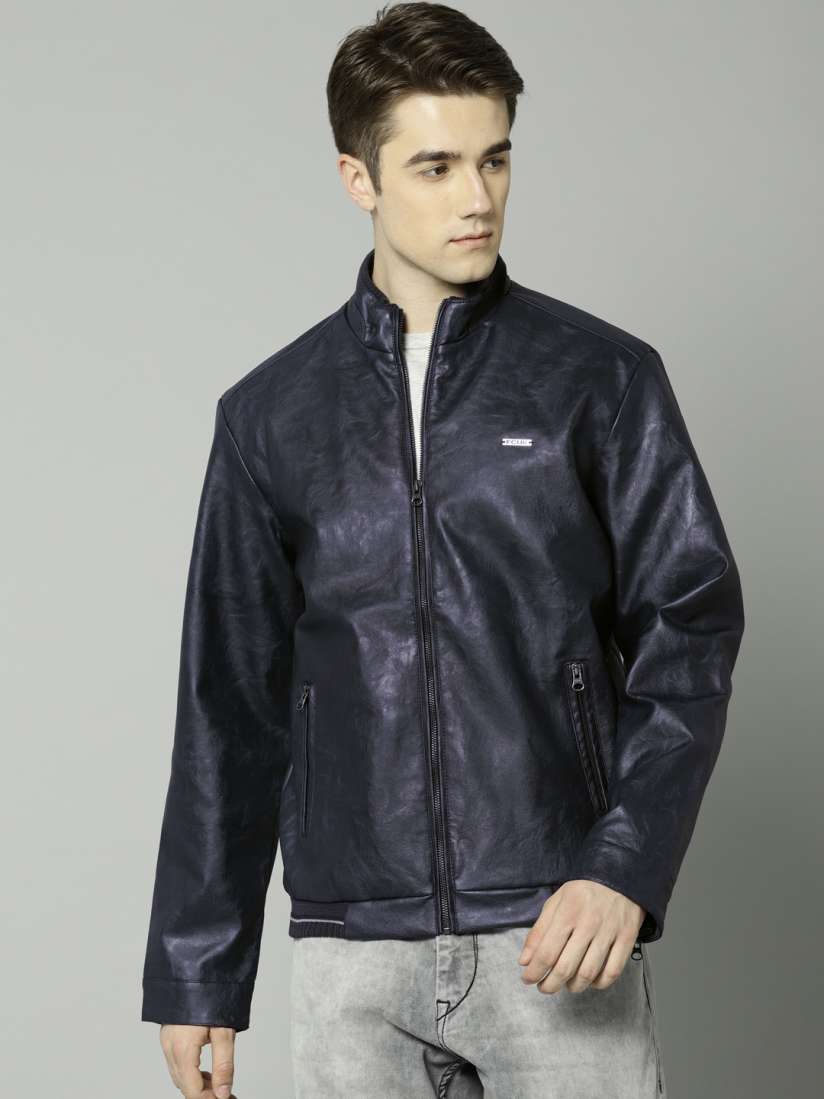 Buy French Connection Men Navy Blue Leather Solid Biker Jacket Jackets for Men 7593512 Myntra