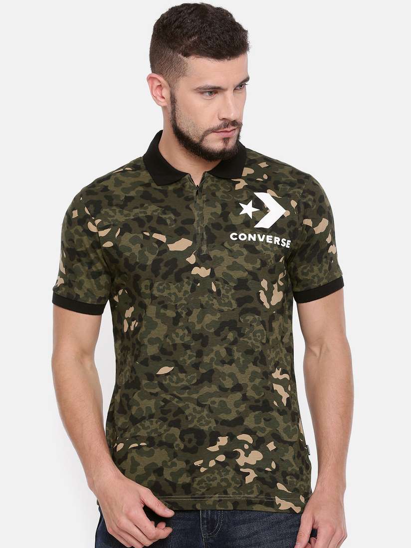 Buy Converse Men Olive Green Black Printed Polo Collar Pure Cotton