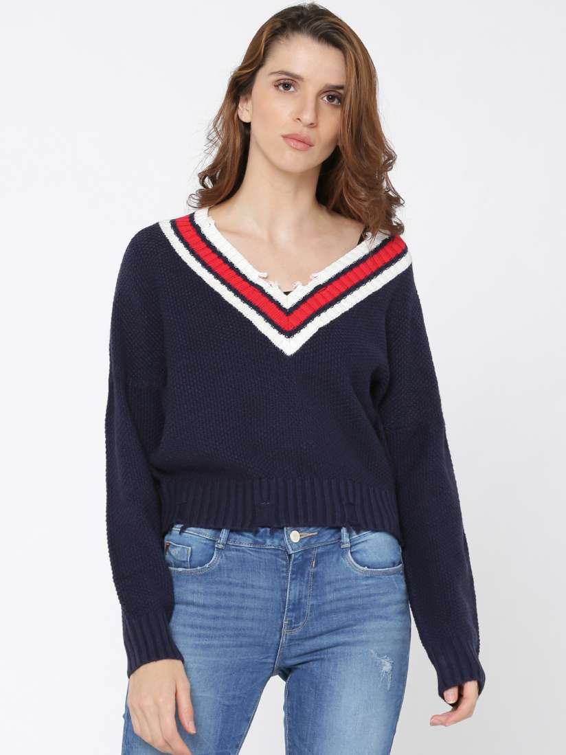 Buy ONLY Women Navy Blue Solid Pullover Sweater Sweaters for Women 7652928 Myntra