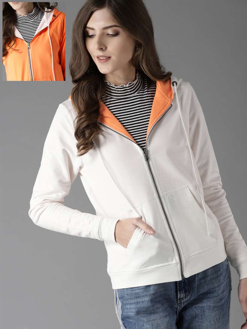 Buy HERE NOW Women White Orange Solid Hooded Reversible Sweatshirt Sweatshirts for Women 7665265 Myntra