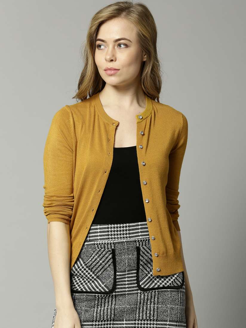 Buy Marks Spencer Women Mustard Yellow Solid Cardigan Sweaters for Women 7669340 Myntra