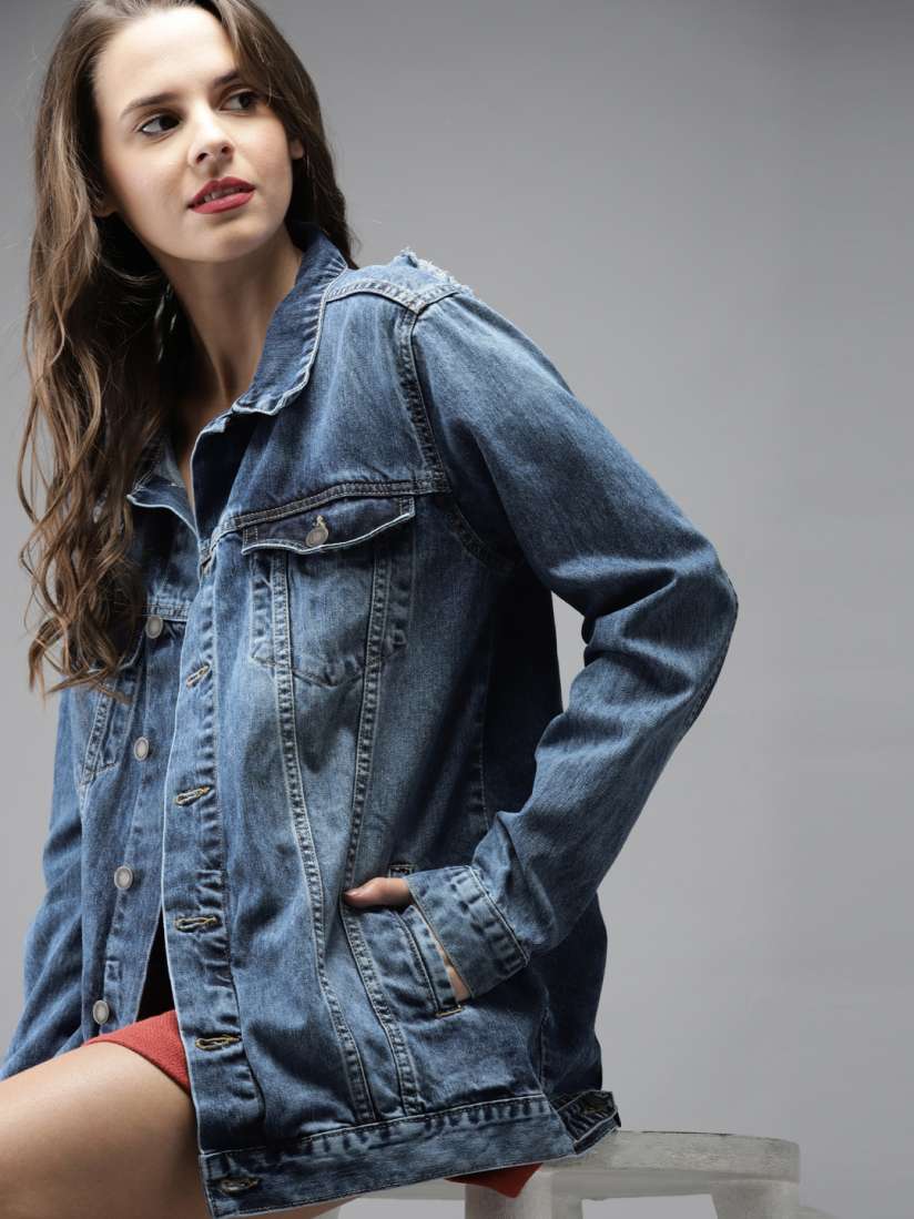Buy Moda Rapido Women Blue Washed Distressed Longline Denim Jacket Jackets for Women 7674445 Myntra