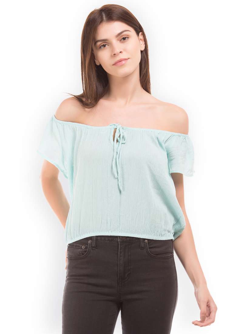 Buy Aeropostale Women Turquoise Blue Solid Bardot Pure Cotton Top Tops for Women 7677381 Myntra