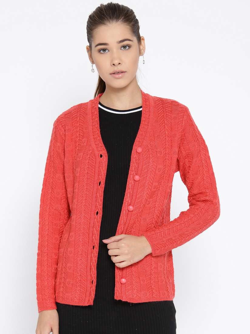 Buy Cayman Women Coral Orange Self Design Woollen Cardigan Sweaters for Women 7691717 Myntra