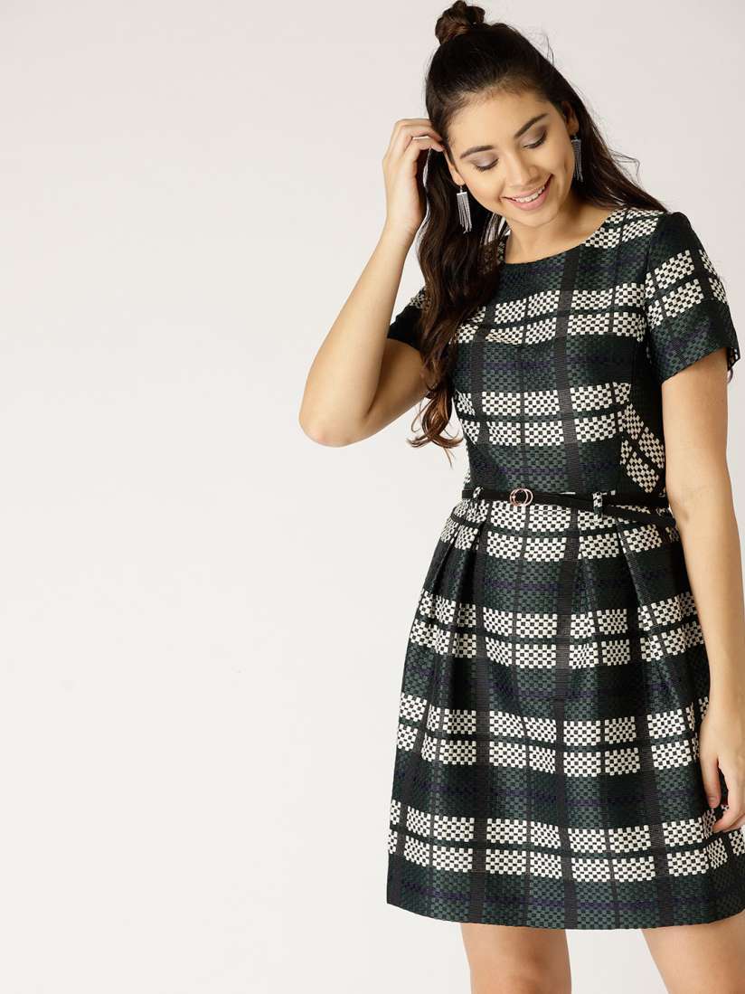 Buy ESPRIT Women Green Off White Checked Fit and Flare Dress Dresses for Women 7691827 Myntra