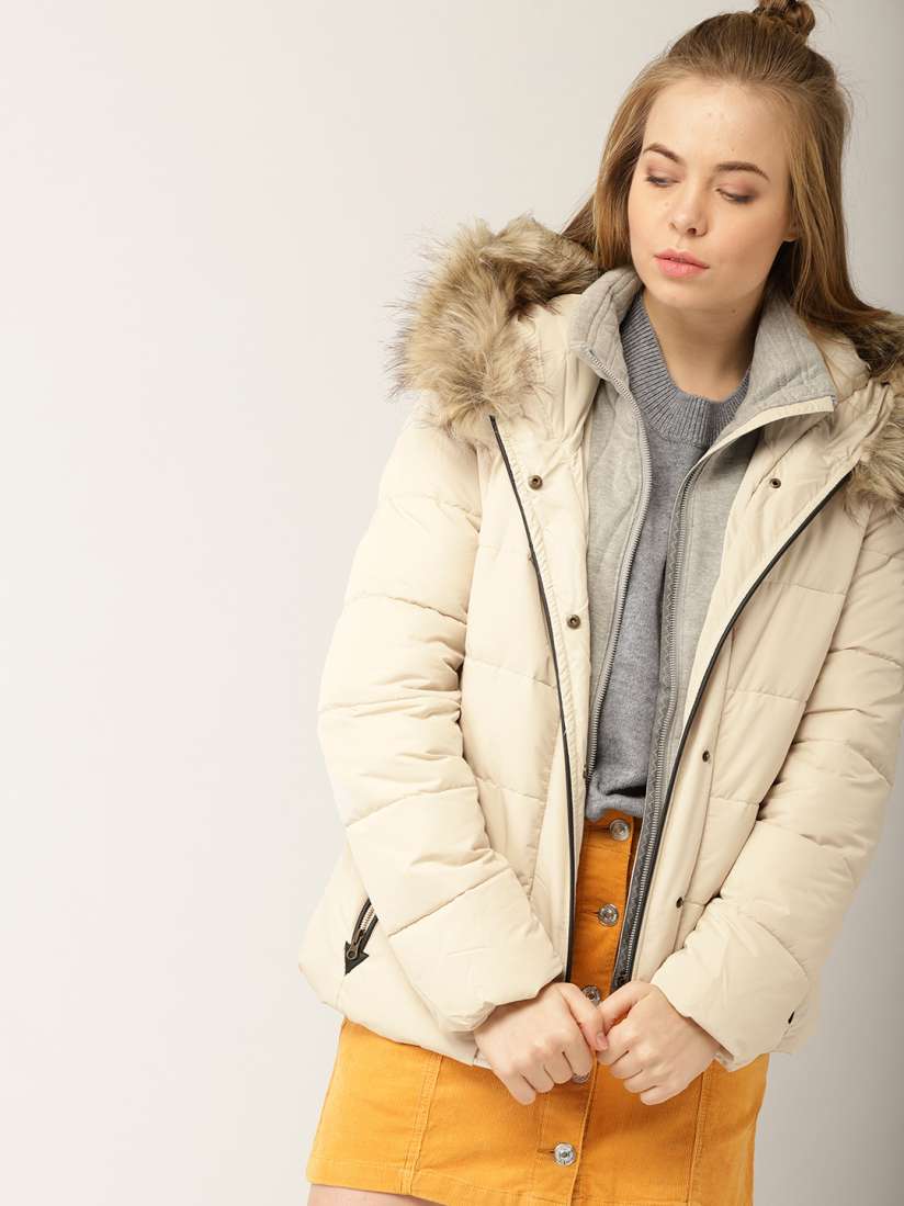 Buy ESPRIT Women Beige Solid Hooded Parka With Faux Fur Trim Jackets for Women 7691835 Myntra