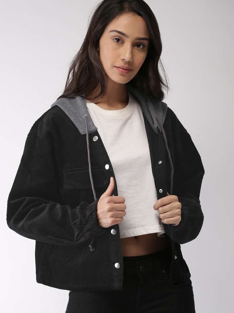 Buy FOREVER 21 Women Black Solid Corduroy Hooded Jacket Jackets for Women 7694797 Myntra