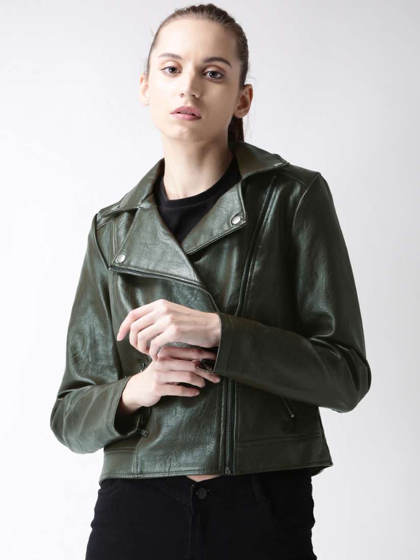 Buy FOREVER 21 Women Green Solid Biker Jacket Jackets for Women 7694872 Myntra