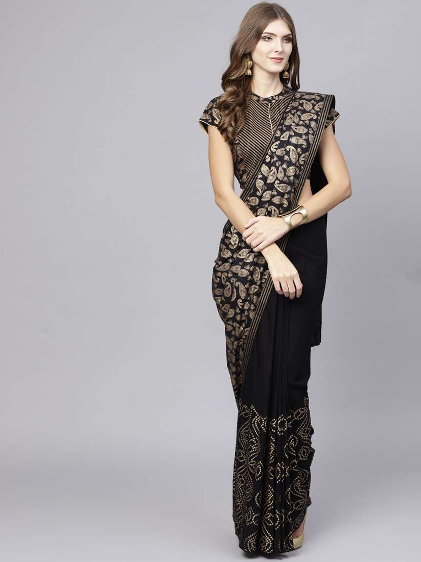 Buy AKS Black Golden Printed One Minute Saree Sarees for Women 7702698 Myntra