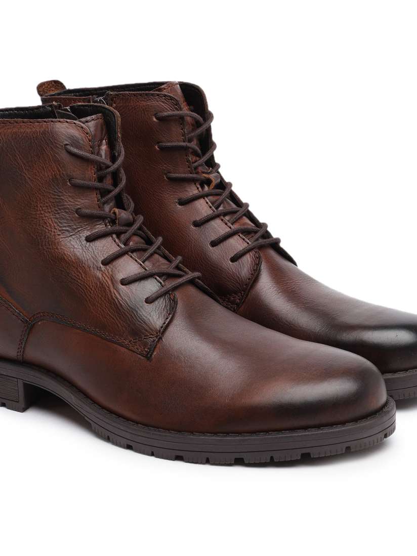 Buy Jack Jones Men Brown Solid Leather High Top Flat Boots Boots for Men 7713669 Myntra