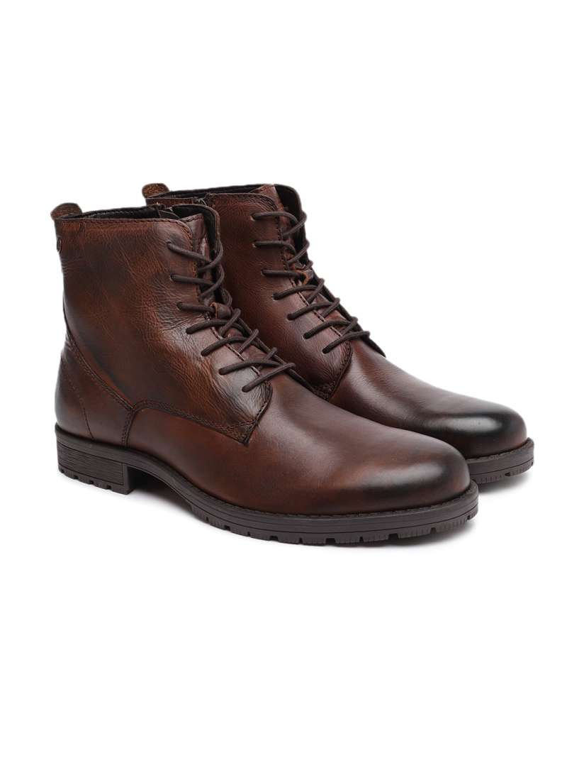 Buy Jack Jones Men Brown Solid Leather High Top Flat Boots Boots for Men 7713669 Myntra