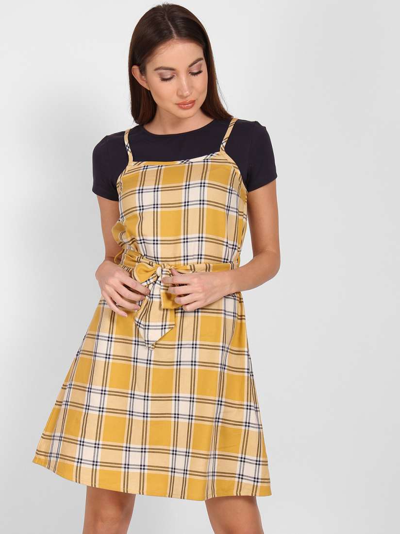 Buy StalkBuyLove Women Mustard Yellow Checked Pinafore Dress Dresses for Women 7715956 Myntra