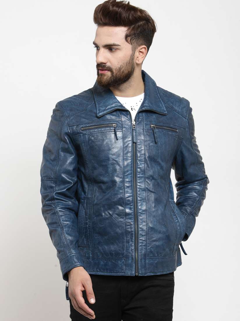 Buy Teakwood Leathers Men Blue Solid Leather Biker Jacket Jackets for Men 7723006 Myntra