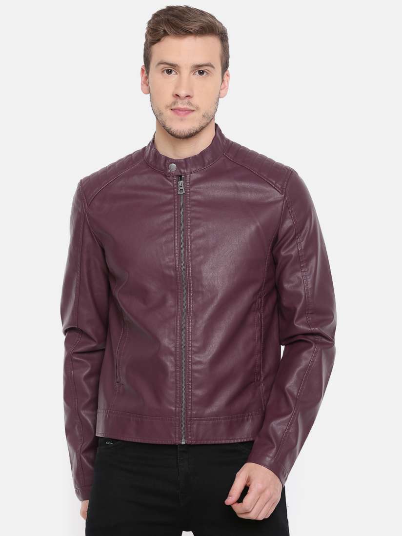 Buy Jack Jones Men Burgundy Solid Biker Jacket Jackets for Men 7732011 Myntra
