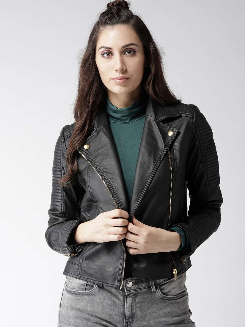 Buy Madame Women Black Solid Biker Jacket Jackets for Women 7740386 Myntra