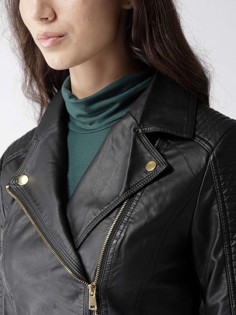Buy Madame Women Black Solid Biker Jacket Jackets for Women 7740361 Myntra