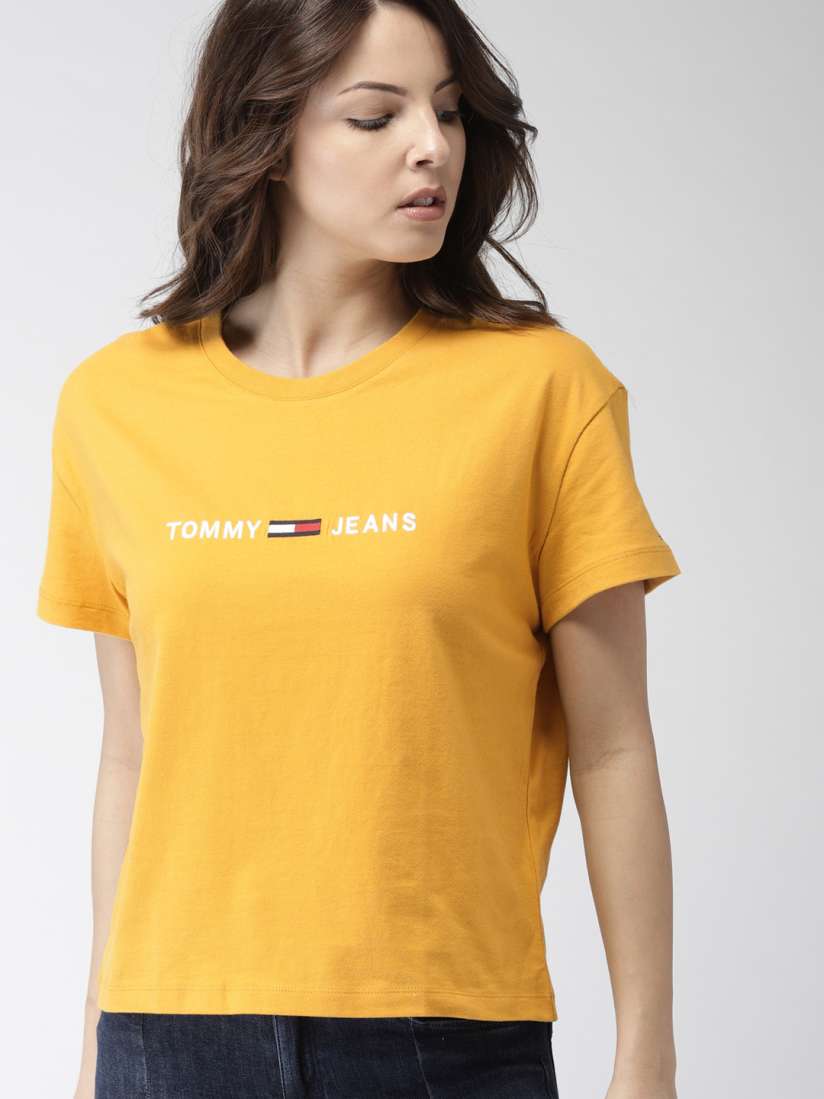 Buy Tommy Hilfiger Women Mustard Yellow Solid Round Neck Pure Cotton T shirt Tshirts for Women 7759222 Myntra