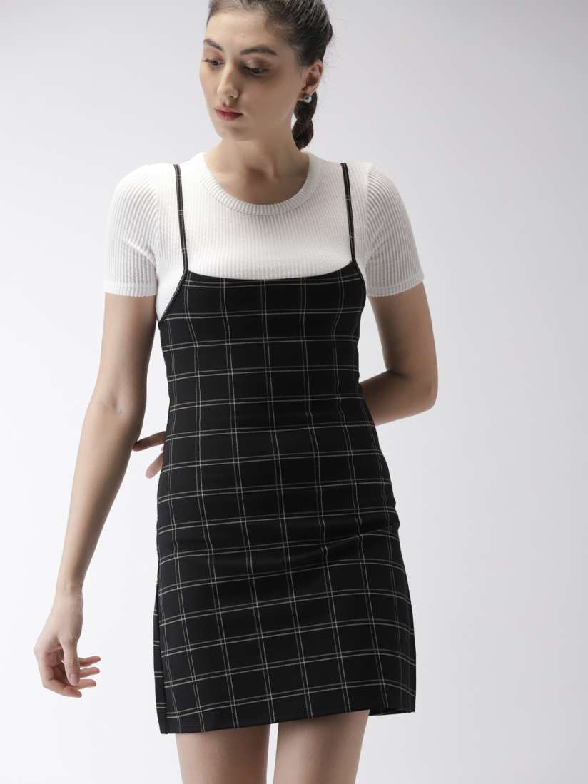 Buy FOREVER 21 Women Black Checked Pinafore Dress Dresses for Women 7759395 Myntra
