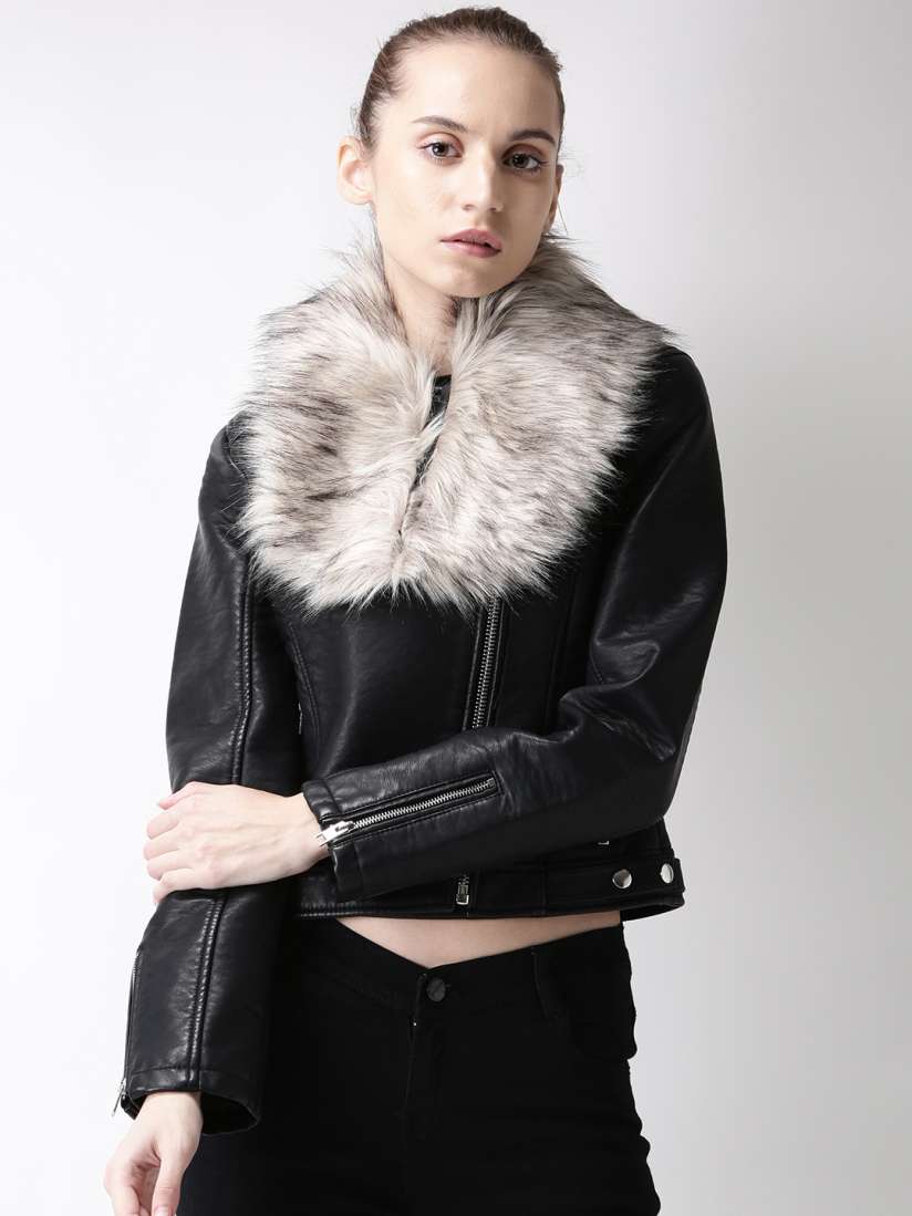 Fur collar biker jacket womens top