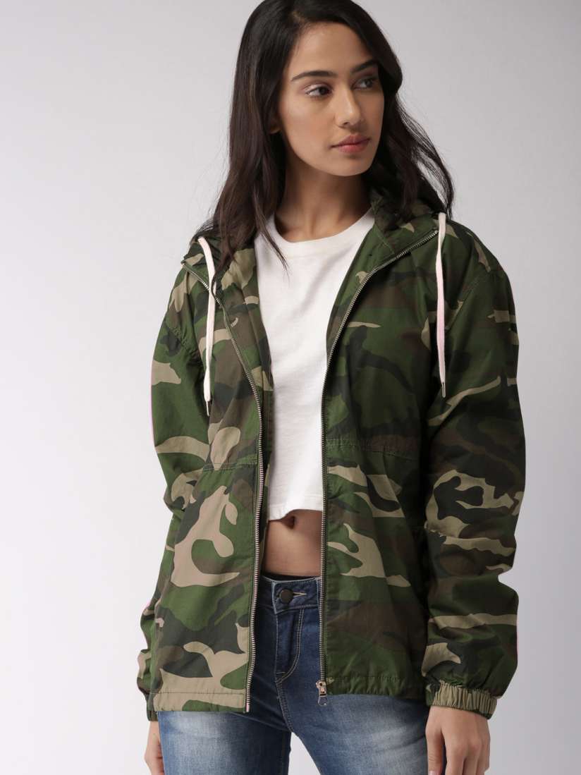 Buy FOREVER 21 Women Olive Green Beige Camouflage Printed Tailored Hooded Jacket Jackets for Women 7759811 Myntra