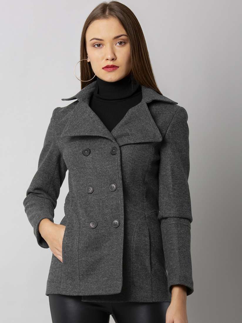 Buy FabAlley Women Grey Solid Double Breasted Pea Coat Coats for Women 7765542 Myntra