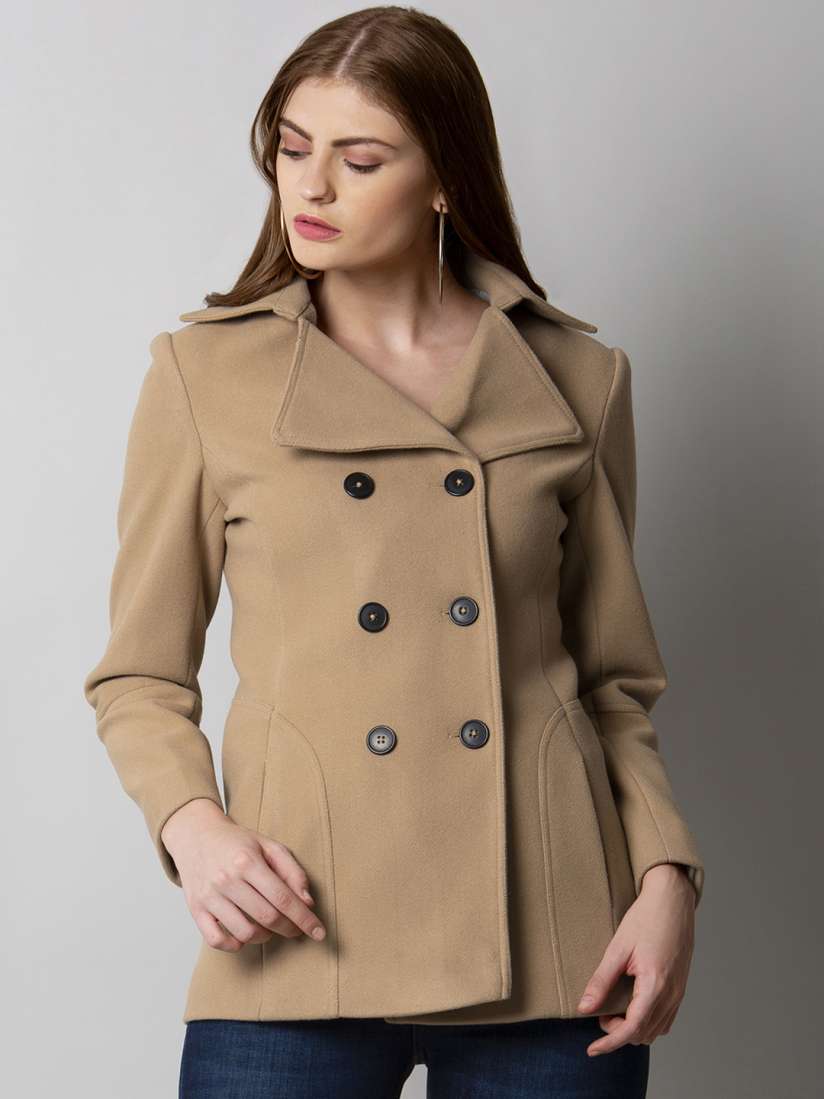 Buy FabAlley Women Beige Solid Double Breasted Pea Coat Coats for Women 7765553 Myntra