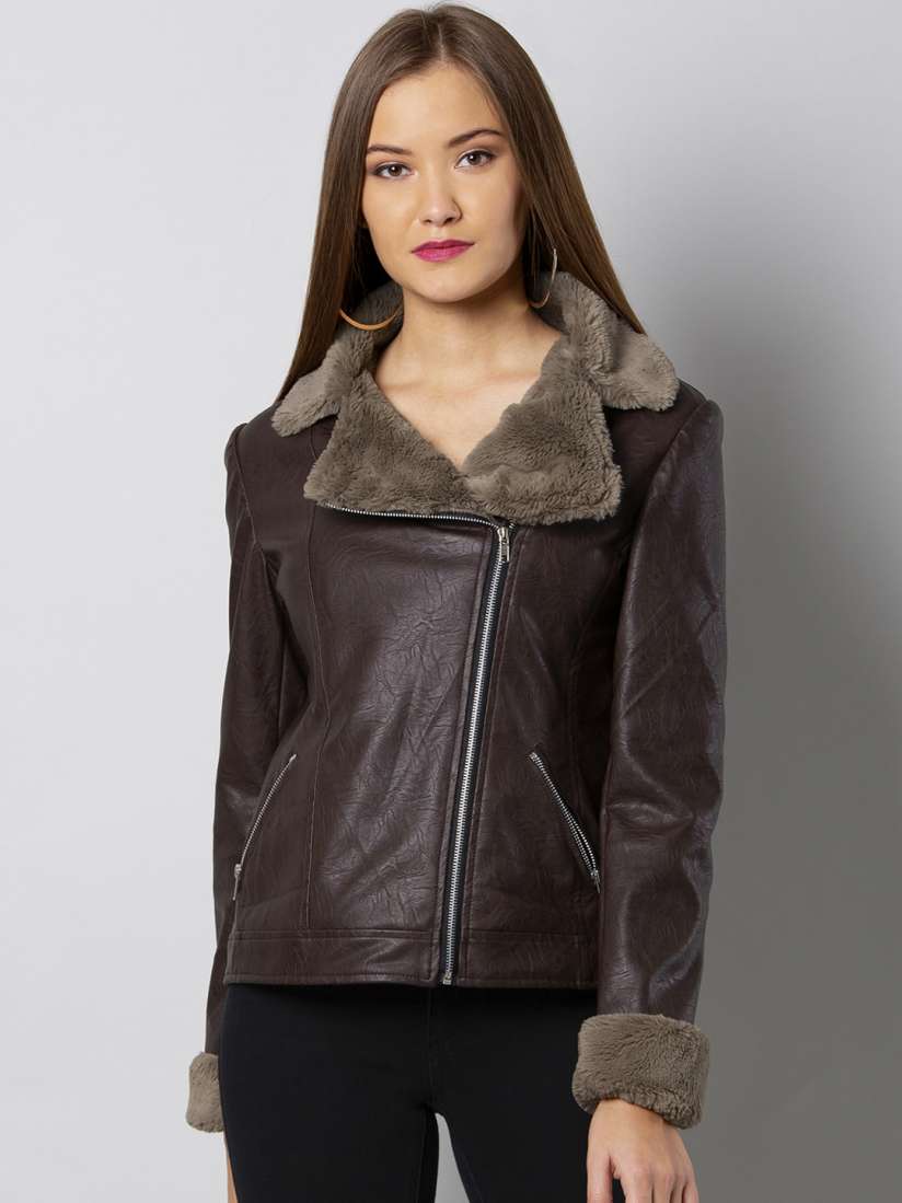 Buy FabAlley Women Brown Solid Leather Biker Jacket Jackets for Women 7766488 Myntra