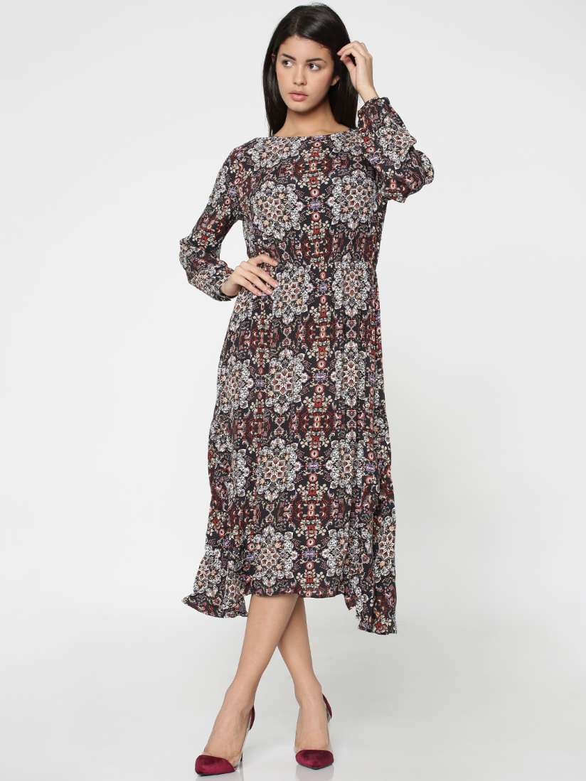 Buy ONLY Women Black Rust Orange Printed A Line Dress Dresses for Women 7776945 Myntra
