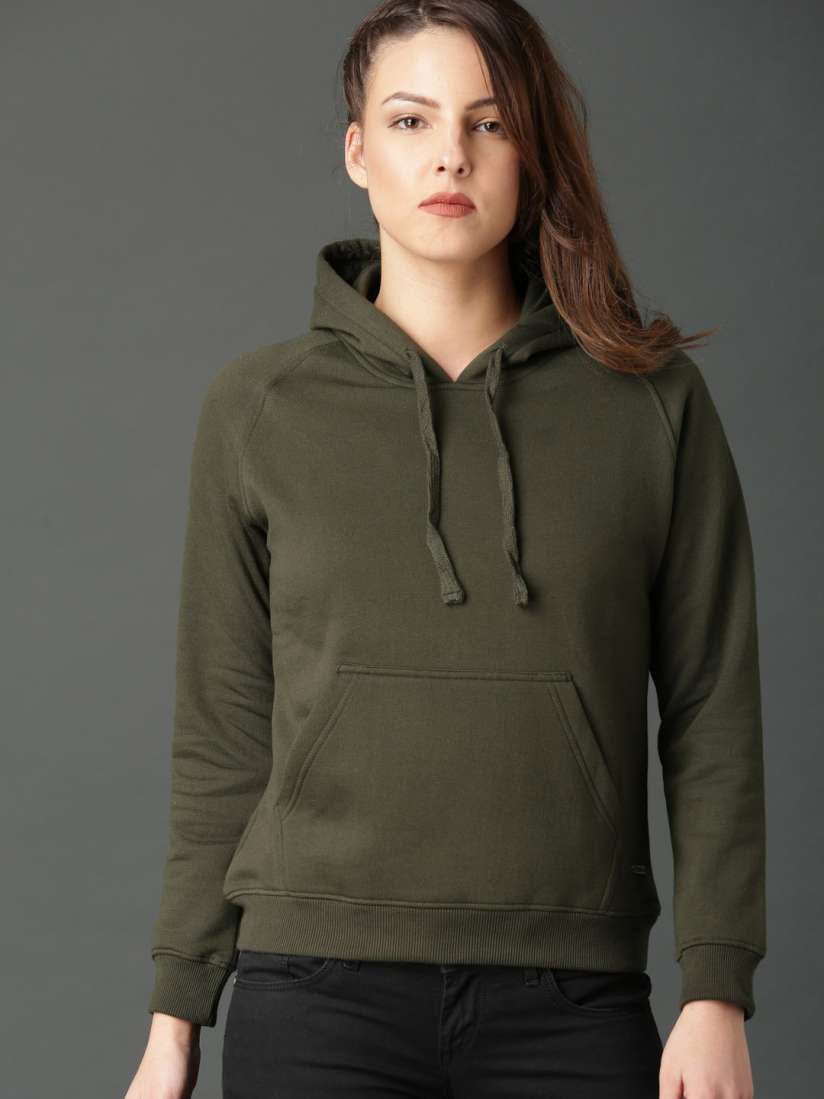Buy Roadster Women Olive Green Solid Hooded Sweatshirt Sweatshirts for Women 7778519 Myntra