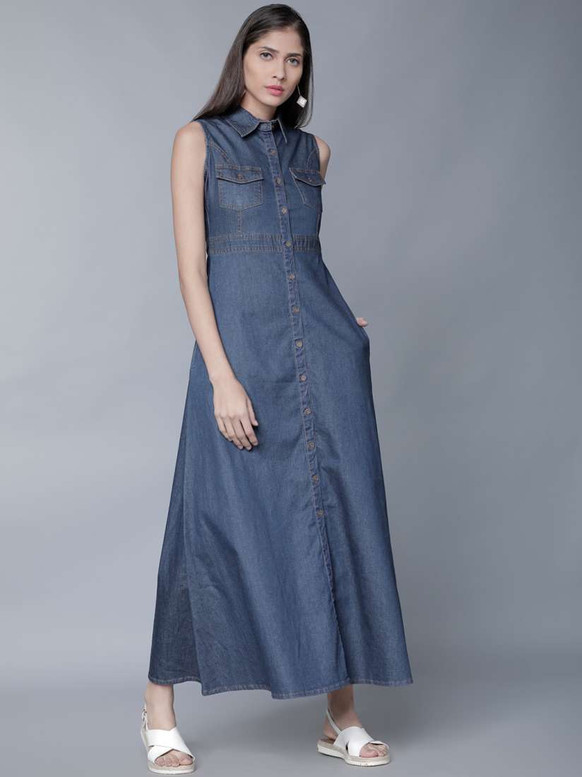 Buy Tokyo Talkies Women Navy Blue Solid Denim Maxi Dress Dresses for Women 7780964 Myntra