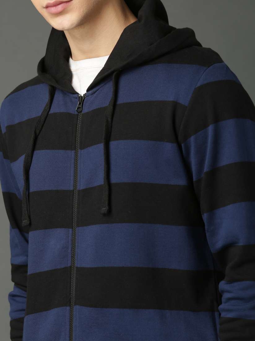Blue and black striped hoodie store