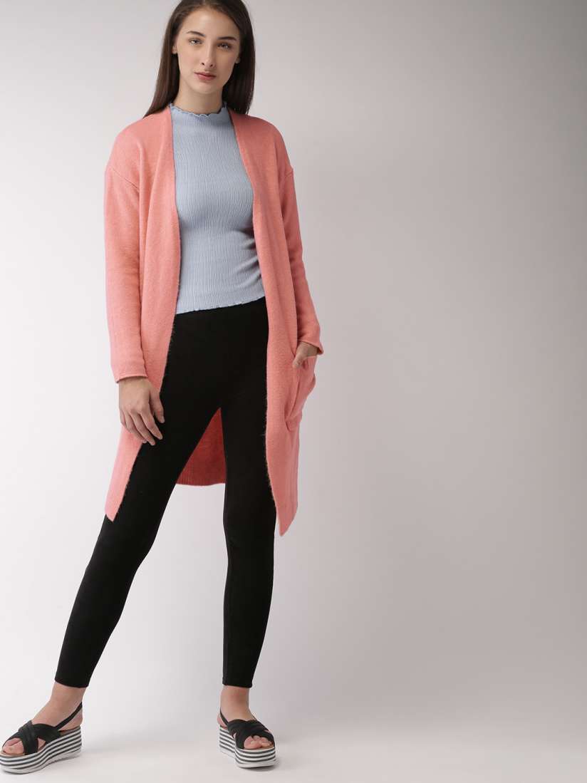 Buy FOREVER 21 Women Peach Coloured Solid Longline Cardigan Sweaters for Women 7789651 Myntra